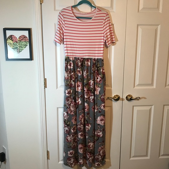 striped top floral bottom maxi dress